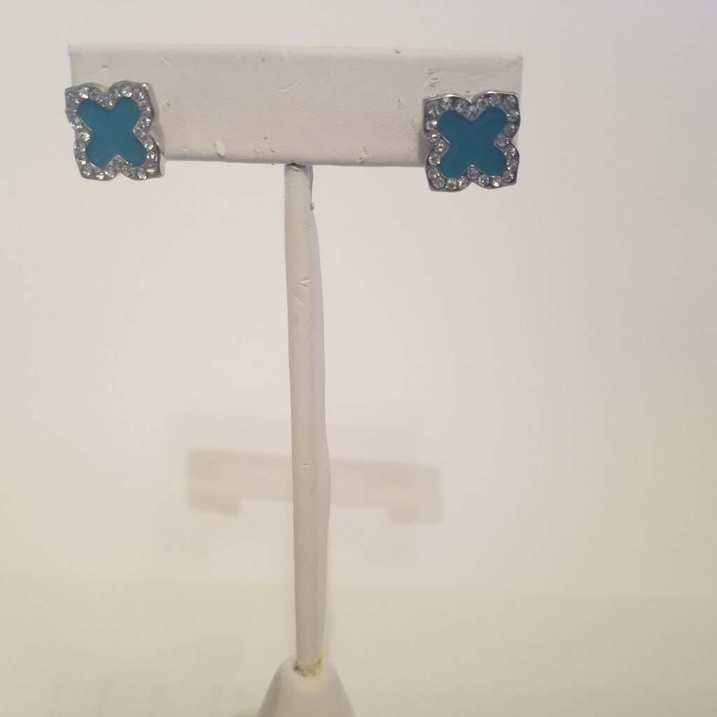 Silver Clover Stud Earrings, Blue Four Leaf Clover